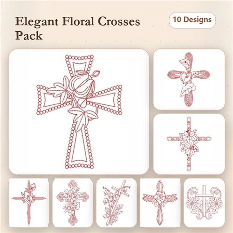 Redwork Floral Cross Embroidery Designs Bundle – Elegant Floral Crosses with Bow, Leaves, Flowers & More (10 Designs)