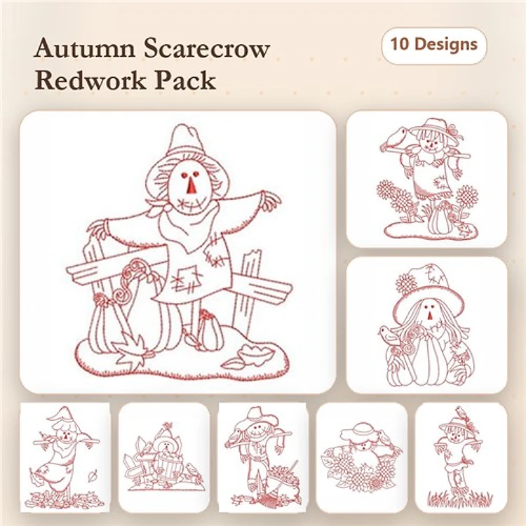 Redwork Autumn Scarecrow Embroidery Designs Bundle – Scarecrow with Pumpkin, Scarecrow with Crows, Scarecrow with Flowers & More (10 Designs)