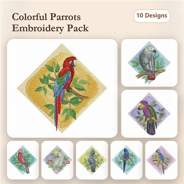 Colorful Parrots Embroidery Bundle – Scarlet Macaw, African Grey Parrot, Sun Conure & More (10 Designs)