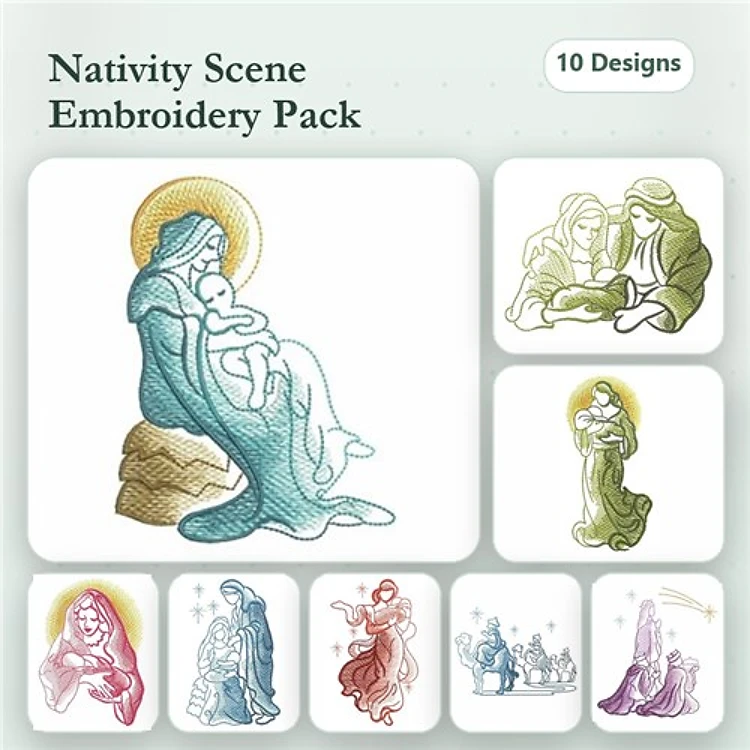 Nativity Scene Embroidery Designs Bundle – Mary with Baby Jesus, Joseph with Baby Jesus, Angel & More (10 Designs)