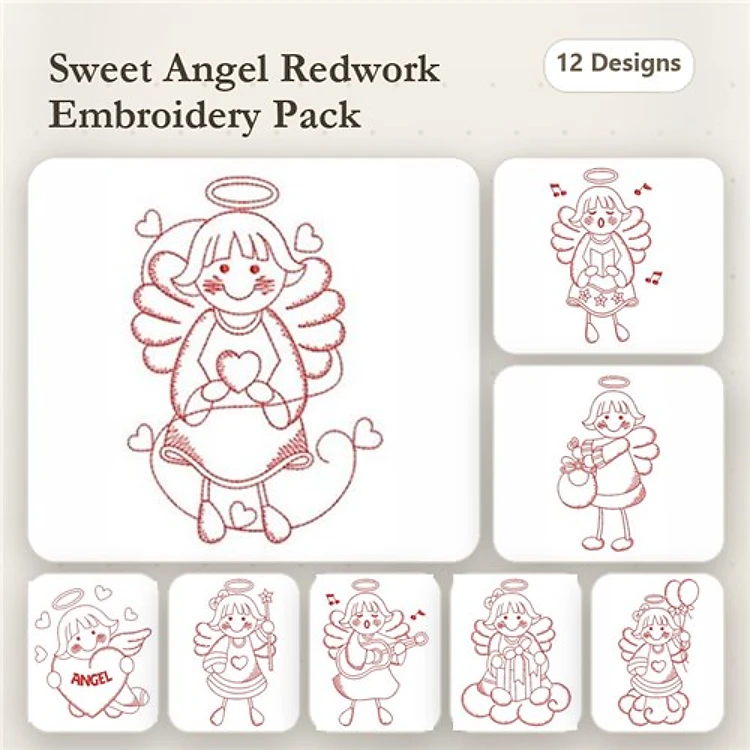 Redwork Sweet Angels Embroidery Bundle – Singing Angel, Angel with Hearts, Angel Giving Peace & More (12 Designs)