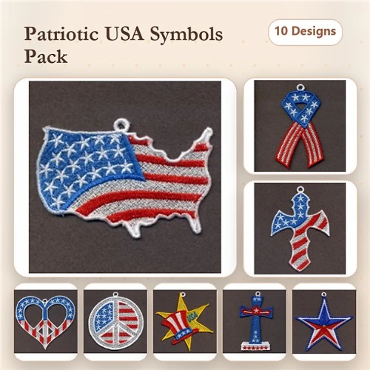 FSL Patriotic USA Symbols Embroidery Designs Bundle – USA Flag Map, Patriotic Ribbon, Axe with Flag & More (10 Designs)