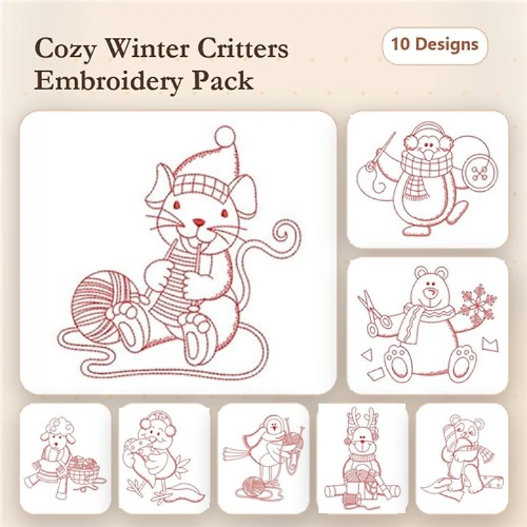 Redwork Winter-themed Animal Characters Embroidery Designs Bundle – Winter Mouse, Santa Bear, Penguin with Scarf & More (10 Designs)