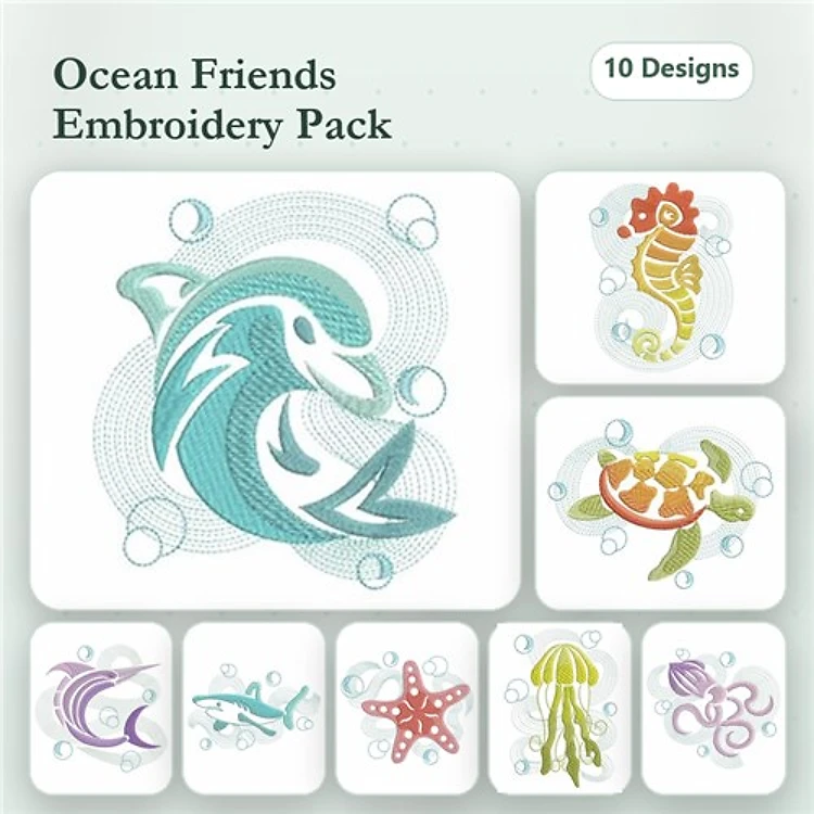 Rippled Ocean Creatures Embroidery Bundle – Dolphin, Seahorse, Sea Turtle & More (10 Designs)