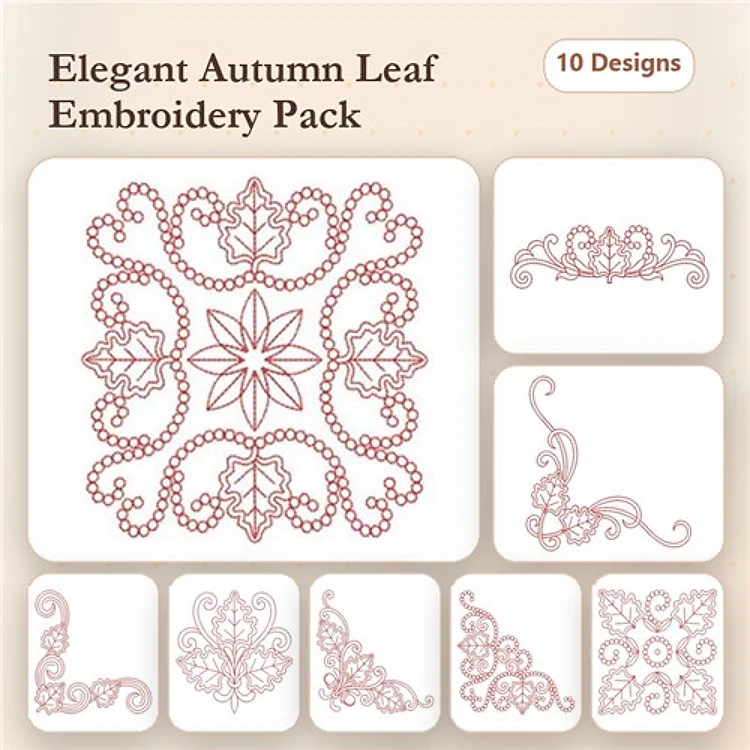 Redwork Autumn Leaf Embroidery Designs Bundle – Ornate Leaf Corner, Detailed Leaf Accent, Fancy Leaf Outline & More (10 Designs)
