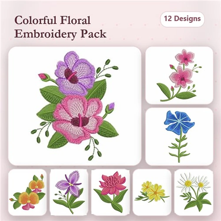 Floral Embroidery Bundle – Purple Flower with Leaves, Pink Flower with Leaves, Blue Flower & More (12 Designs)