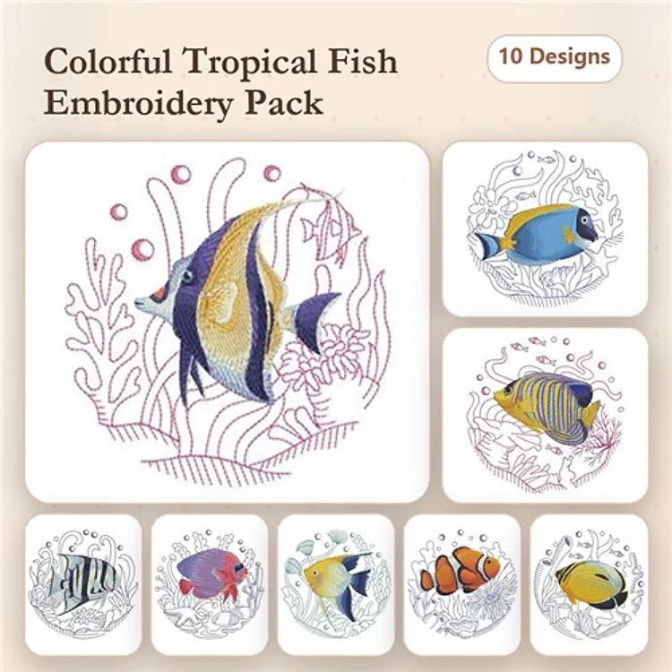 Colorful Tropical Fish Embroidery Bundle – Angelfish, Blue Tang, Butterfly Fish & More (10 Designs)