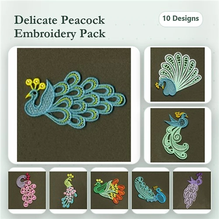 FSL Delicate Peacock Embroidery Bundle – Peacock with Open Tail, Peacock Profile, Curly Peacock Feather & More (10 Designs)