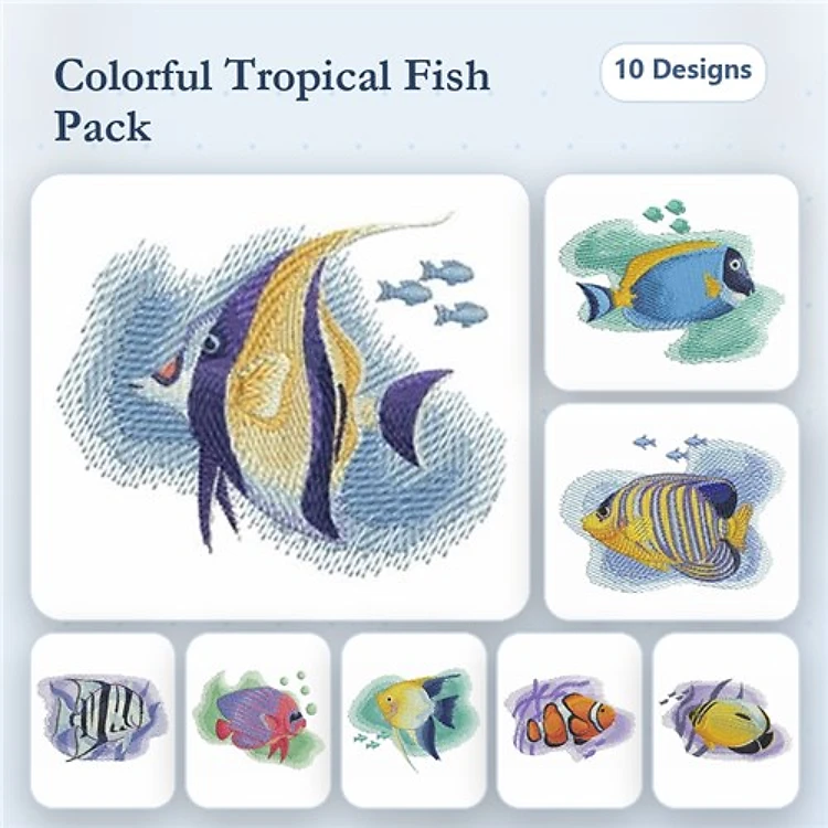 Tropical Fish Embroidery Bundle – Angelfish, Clownfish, Butterfly Fish & More (10 Designs)