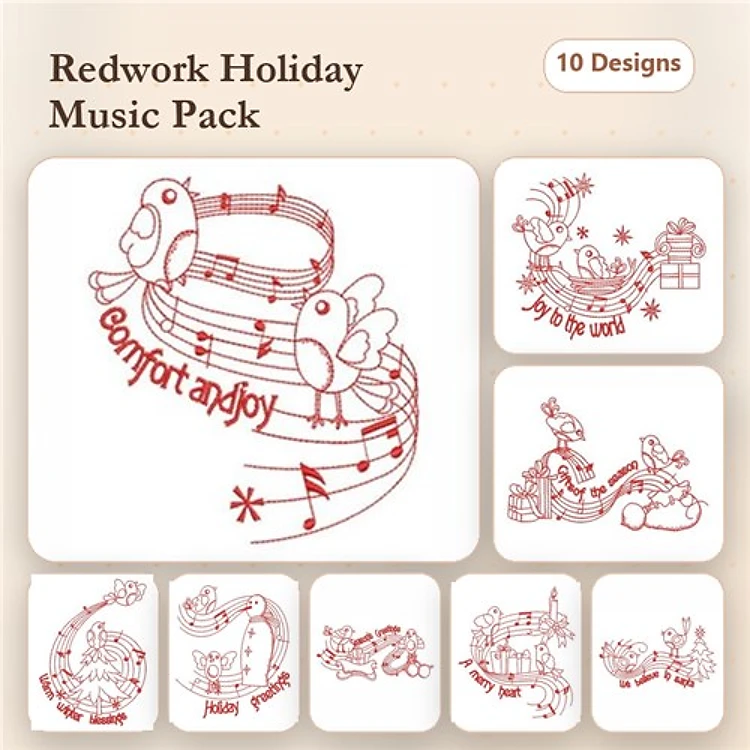 Redwork Holiday Music Embroidery Designs Bundle – Birds with Musical Notes, Snowman with Gift, Santa Claus with Gifts & More (10 Designs)