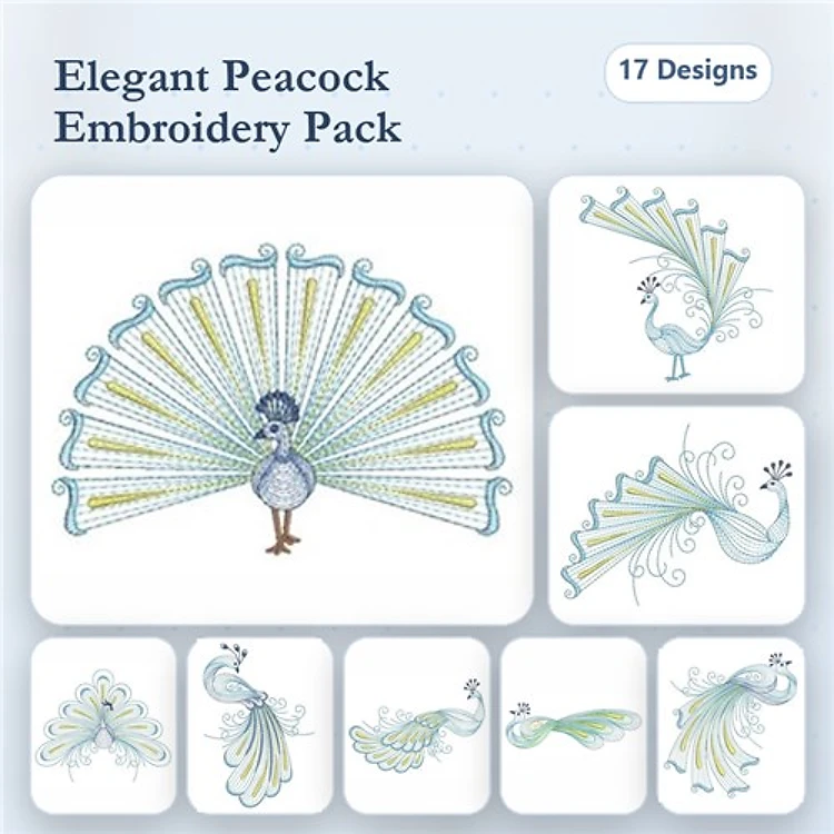 Rippled Elegant Peacocks Embroidery Designs Bundle – Female Peacock, Decorative Tail, Ornate Features & More (17 Designs)