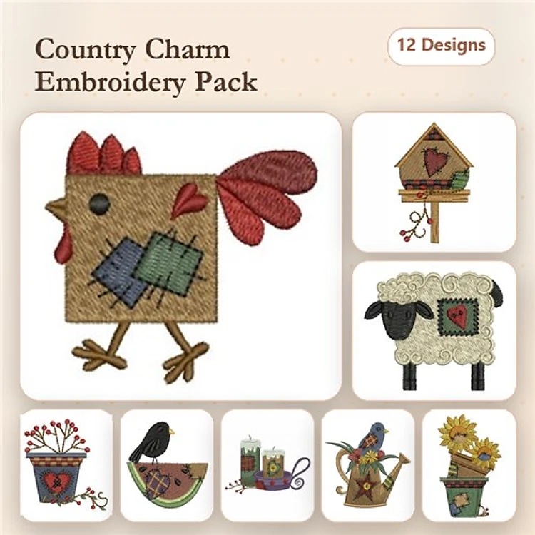 Country-Themed Embroidery Bundle – Rooster, Birdhouse with Heart, Sheep & More (12 Designs)