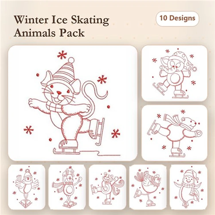 Redwork Winter Ice Skating Animals Embroidery Designs Bundle – Skiing Cat, Dog, Penguin & More (10 Designs)