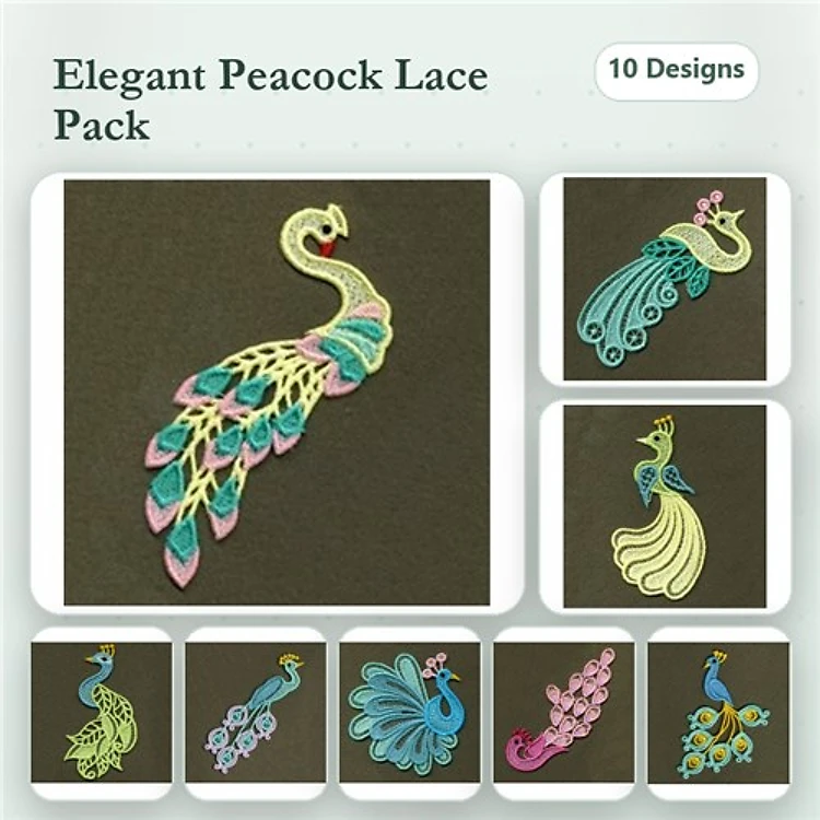 FSL Elegant Peacock Embroidery Designs Bundle – Peacock with Colorful Feathers, Lace Peacock Tail & More (10 Designs)