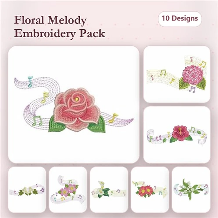 Floral Music Embroidery Designs Bundle – Pink Rose, Purple Flower, Red Flower & More (10 Designs)