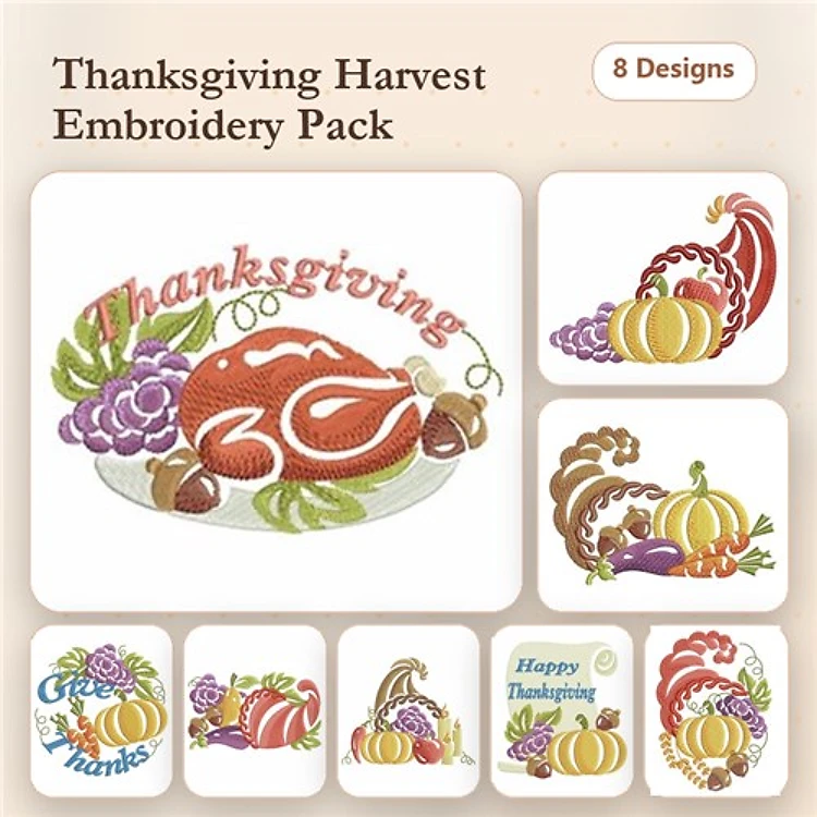 Thanksgiving Harvest Embroidery Bundle – Turkey, Pumpkins, Cornucopia & More (8 Designs)