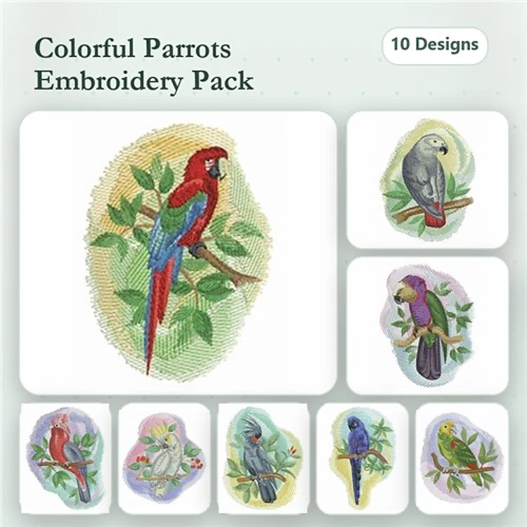 Colorful Parrots Embroidery Bundle – Scarlet Macaw, Green-Winged Macaw, Cockatoo & More (10 Designs)