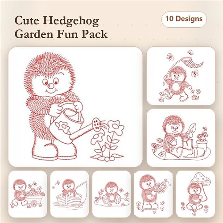 Redwork Hedgehog Garden Embroidery Designs Bundle – Watering Flowers, Planting Seeds, Collecting Flowers & More (10 Designs)