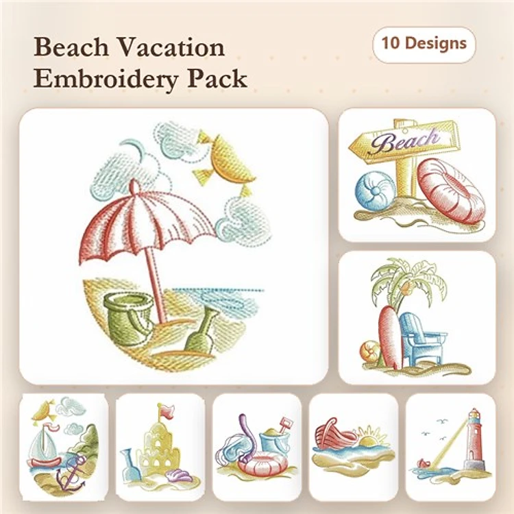 Beach Vacation Embroidery Designs Bundle – Beach Umbrella, Palm Tree, Sandcastle & More (10 Designs)