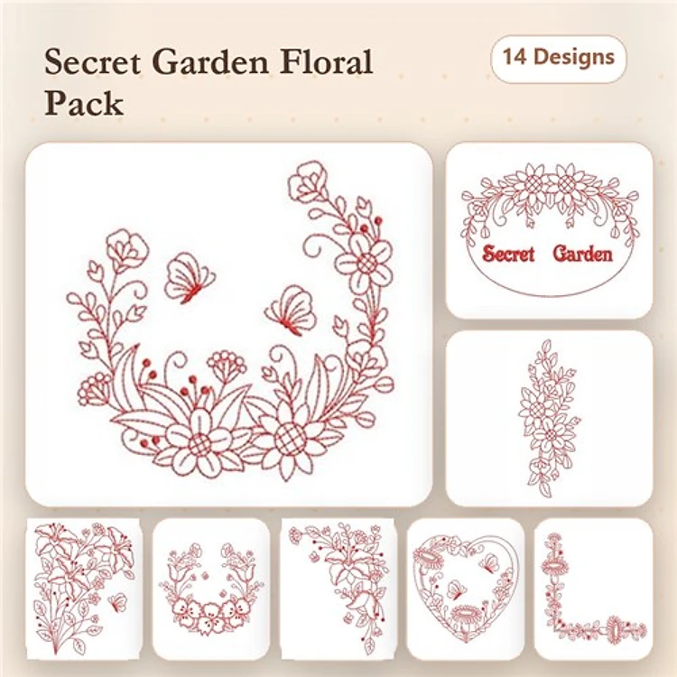 Redwork Floral Embroidery Bundle – Floral Wreath with Butterflies, Heart-Shaped Floral, Decorative Floral Border & More (14 Designs)