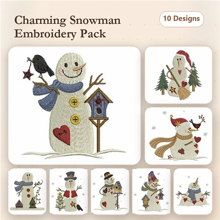 Snowman Embroidery Designs Bundle – Snowman with Bird, Snowman with Heart, & More (10 Designs)