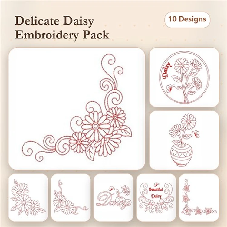 Redwork Daisy Floral Embroidery Designs Bundle – Delicate Daisy Corner, Daisy Bouquet, Daisy Pot & More (10 Designs)