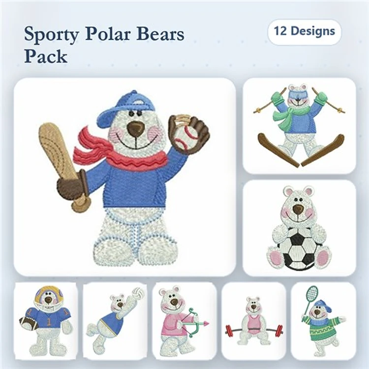 Sporty Polar Bears Embroidery Bundle – Baseball, Soccer, Ice Skating & More (12 Designs)