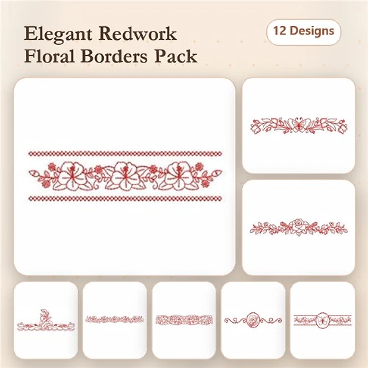 Redwork Floral Border Embellishments Embroidery Designs Bundle – Floral Vine Border, Circular Floral Border & More (12 Designs)