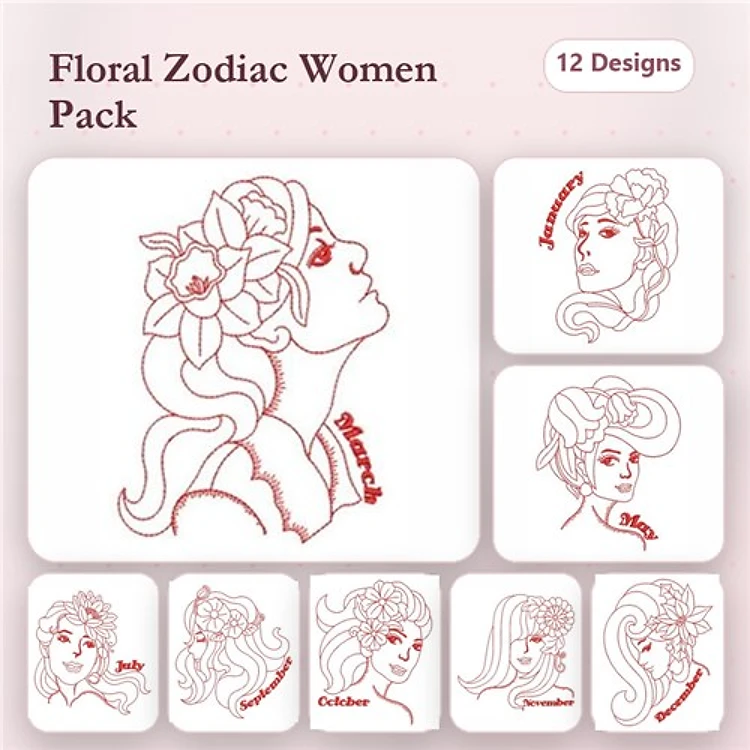 Redwork Zodiac Women Embroidery Bundle – January to December Profiles & Floral Elements (12 Designs)