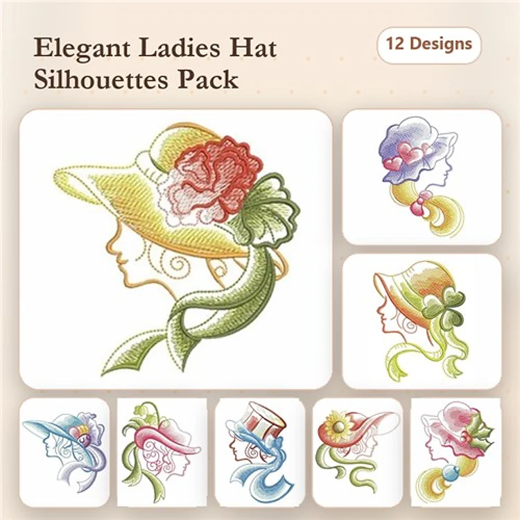 Ladies' Hat Silhouettes Embroidery Designs Bundle – Elegant Hat, Fancy Hat, Floral Accents & More (12 Designs)
