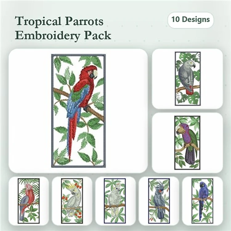 Tropical Parrots Embroidery Bundle – Scarlet Macaw, Gray Parrot, Blue Parrot & More (10 Designs)
