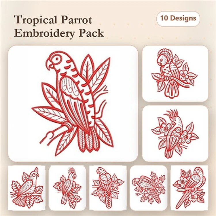 Redwork Tropical Parrots Embroidery Designs Bundle – Parrot on Branch, Parrot with Flowers, & More (10 Designs)