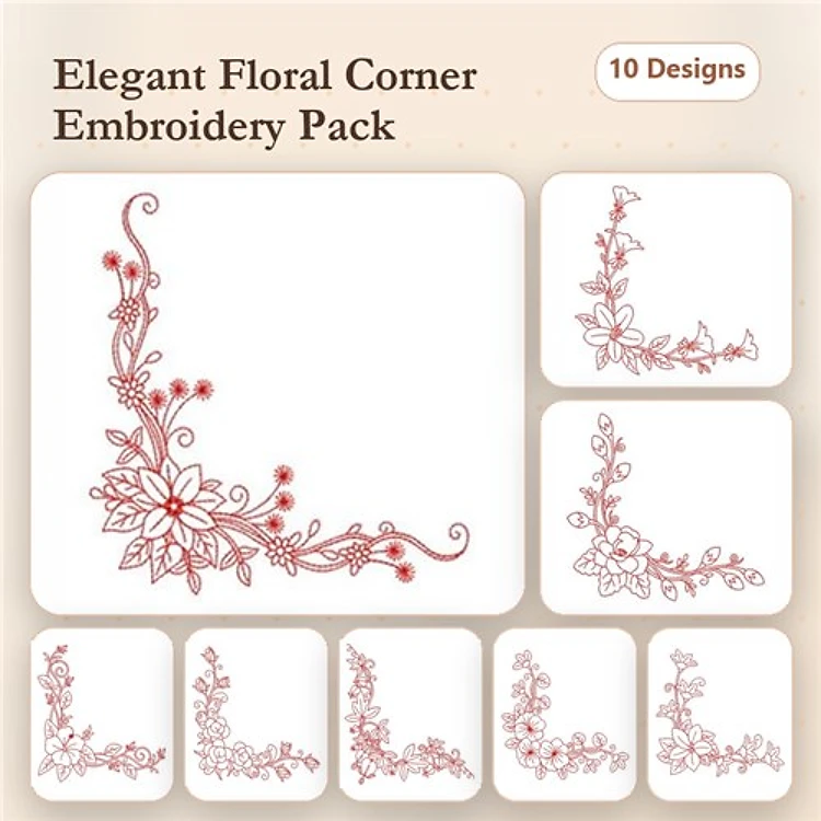 Redwork Floral Corner Embellishments Embroidery Designs Bundle – With Flowers, Vines, Berries & More (10 Designs)