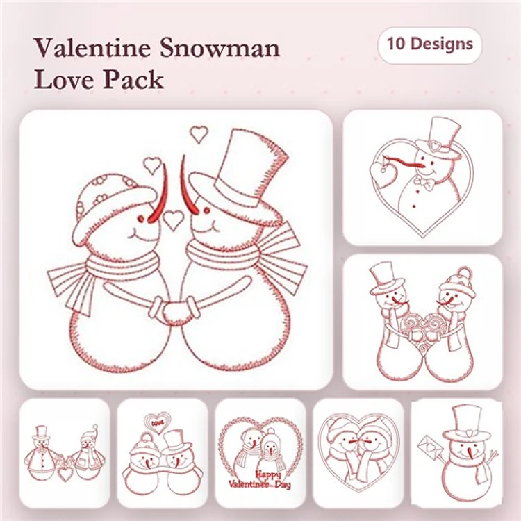 Redwork Valentine-themed Snowman Embroidery Designs Bundle – Snowman Couple, Snowman Holding Heart, & More (10 Designs)