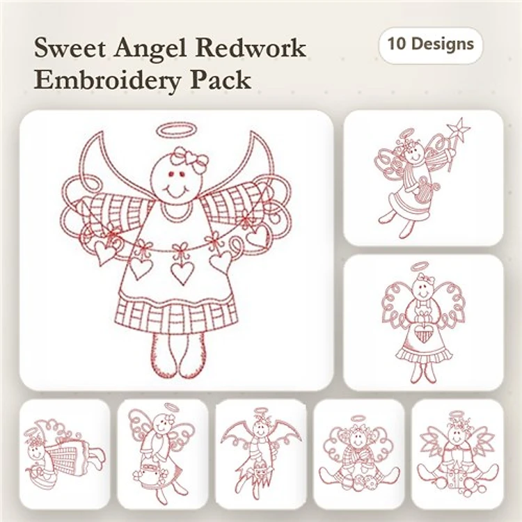 Redwork Angel Embroidery Designs Bundle – Angel with Hearts, Angel with Flowers, Angel Holding Gifts & More (10 Designs)