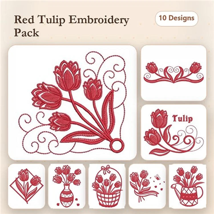 Redwork Tulip Embroidery Bundle – Tulip Bouquet, Tulip with Swirls, Tulip Border & More (10 Designs)