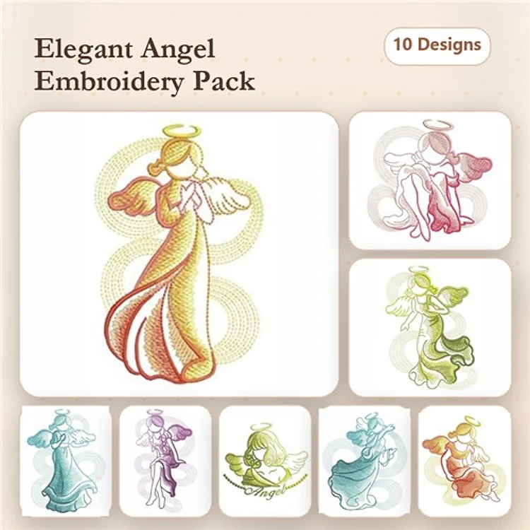 Elegant Angel Embroidery Bundle – Elegant Angel in Pink, Green, Blue, Red, Yellow & More (10 Designs)