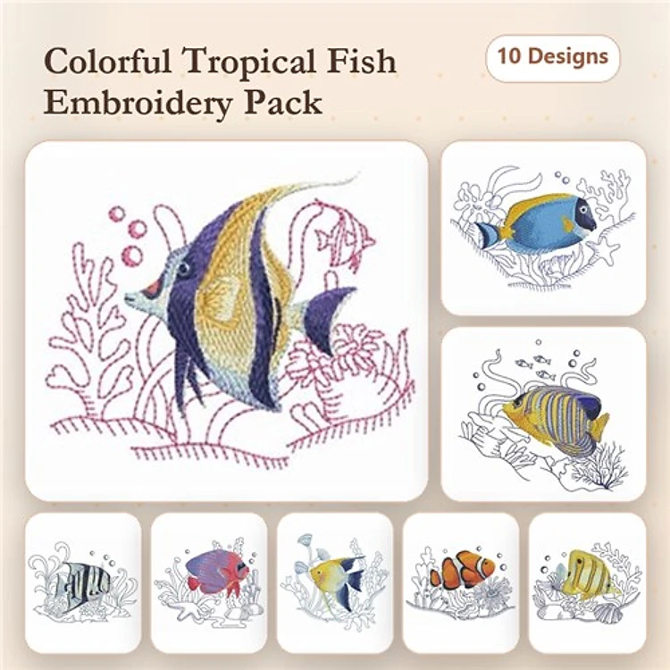 Redwork Colorful Tropical Fish Embroidery Bundle – Tropical Fish with Coral, Angelfish, Clownfish & More (10 Designs)