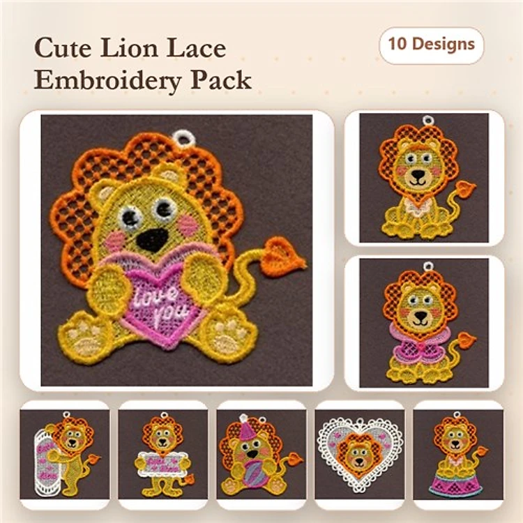 FSL Cute Lion Embroidery Designs Bundle – Lion with Heart, Lion with Cupcake, Lion with Crown & More (10 Designs)