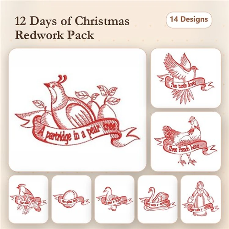 Redwork 12 Days of Christmas Embroidery Designs Bundle – Partridge, Turtledove, French Hen & More (14 Designs)