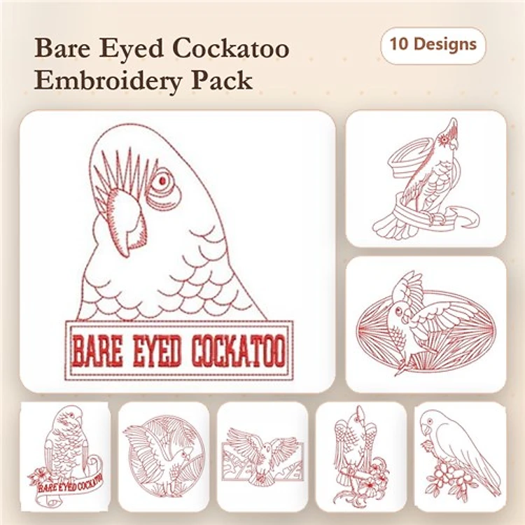 Redwork Bare Eyed Cockatoo Embroidery Bundle – Cockatoo with Flowers, Flying Cockatoo, & More (10 Designs)
