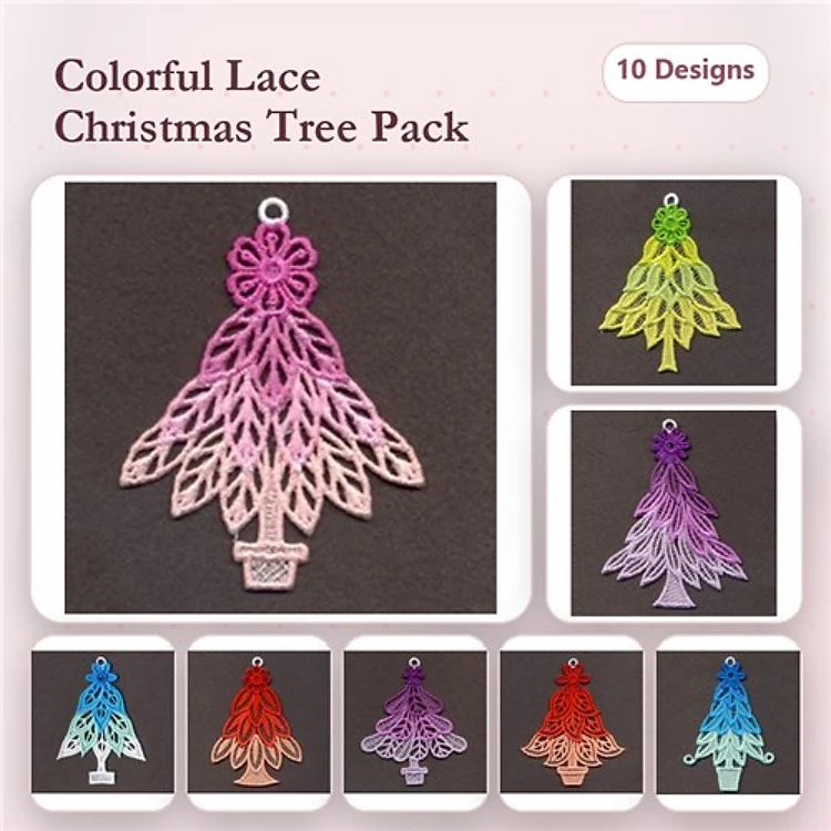 FSL Colorful Lace Christmas Trees Embroidery Bundle – Lace Christmas Tree with Pot & More (10 Designs)