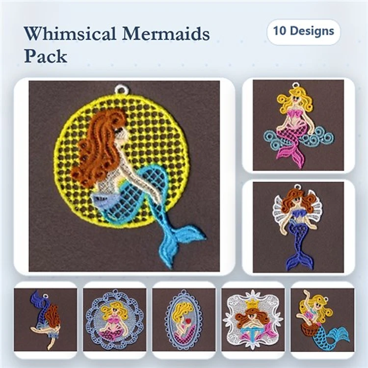 FSL Mermaid Embroidery Bundle – Mermaid with Yellow Circle, Sitting Mermaid, Mermaid in Waves & More (10 Designs)