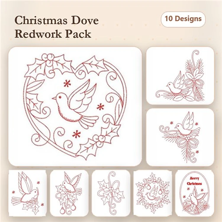 Redwork Christmas Doves Embroidery Bundle – Dove with Heart and Holly, Festive Dove, Holly Wreath with Dove & More (10 Designs)