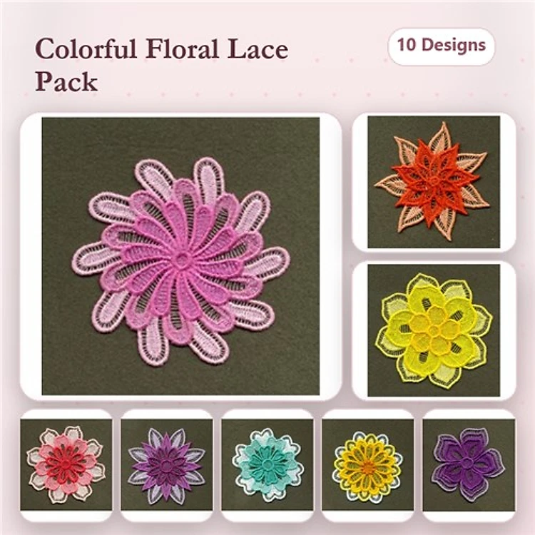 FSL Floral Lace Embroidery Bundle – Pink Floral, Blue Floral, Floral Lace with Petals & More (10 Designs)