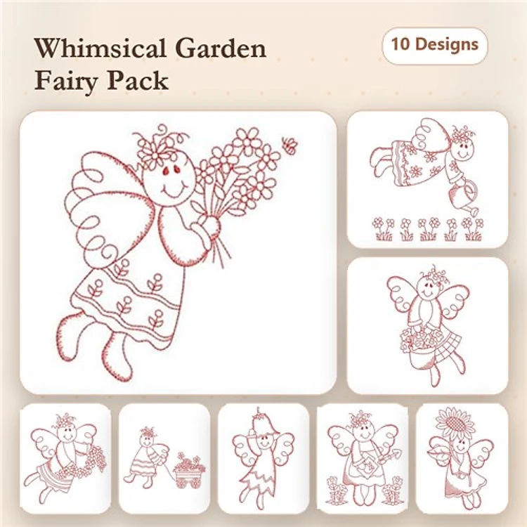 Redwork Fairy Embroidery Designs Bundle – Fairy with Flower Bouquet, Fairy with Basket, Fairy with Star Wand & More (10 Designs)