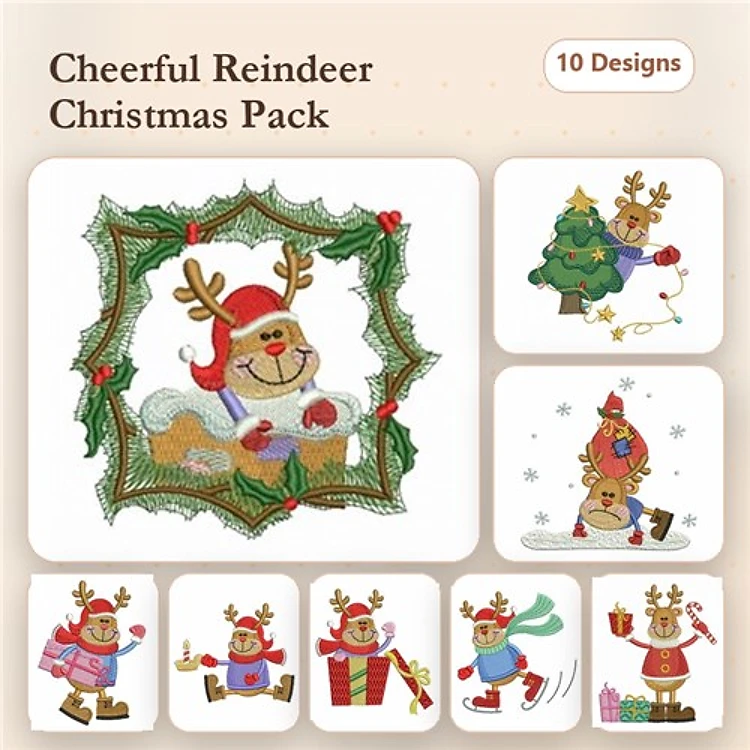 Cheerful Reindeer Christmas Embroidery Bundle – Reindeer with Holly Frame, Decorating Tree, Sledding & More (10 Designs)