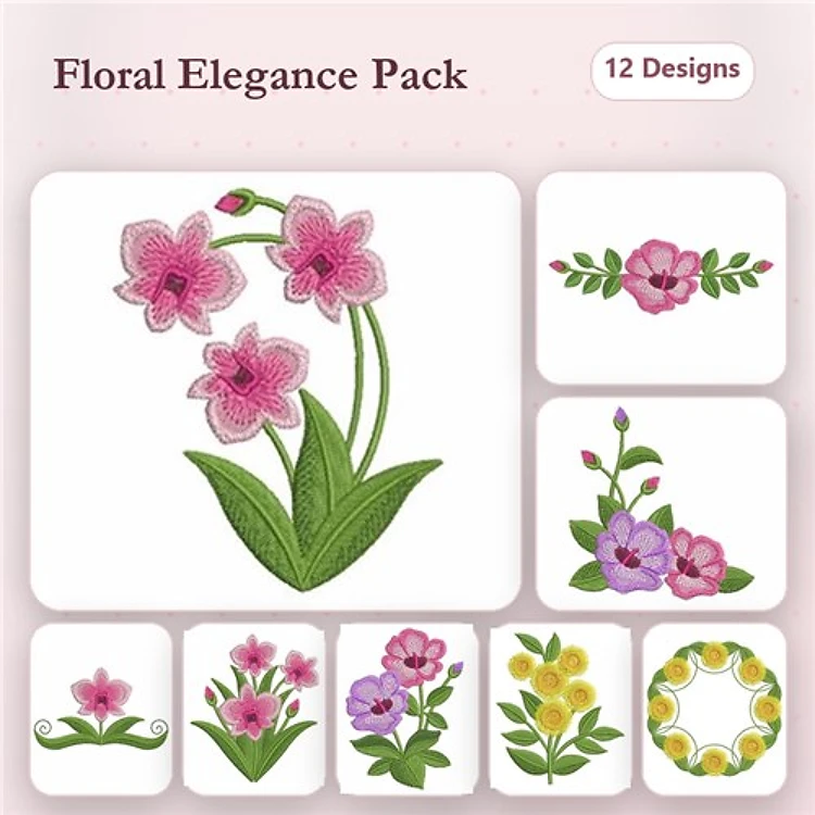 Floral Embroidery Bundle – Orchid Bouquet, Floral Corner, Violet Spray & More (12 Designs)