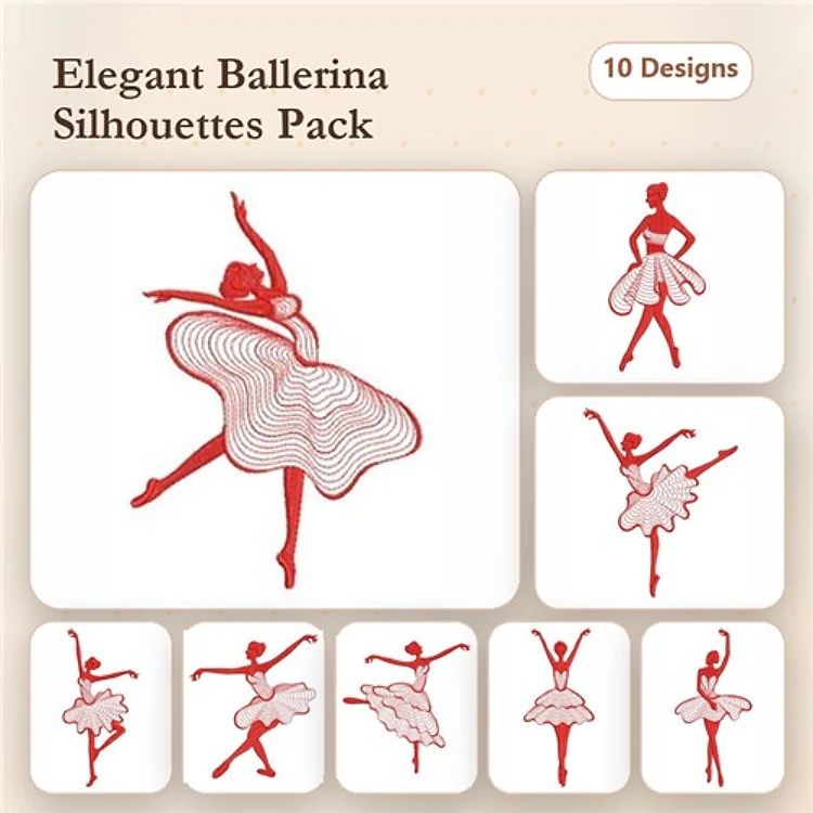 Redwork Ballet Silhouettes Embroidery Designs Bundle – Ballerina, Ballet Dancer, Elegant Poses & More (10 Designs)