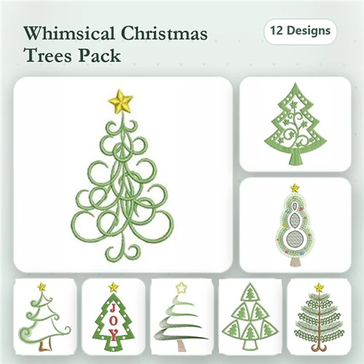 Christmas Tree Embroidery Designs Bundle – Swirly, Ornamental, Frosted & More (12 Designs)